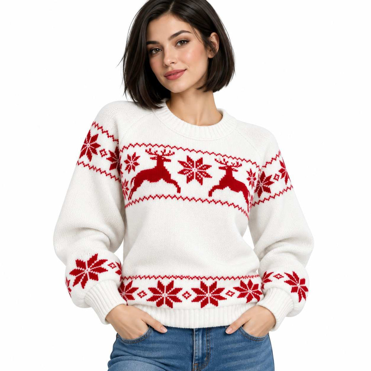 Pull de Noël Tricoté pour Femme - Motifs Rennes et Flocons de Neige, Coupe Décontractée et Finitions Côtelées
