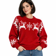 Pull de Noël Tricoté pour Femme - Motifs Rennes et Flocons de Neige, Coupe Décontractée et Finitions Côtelées