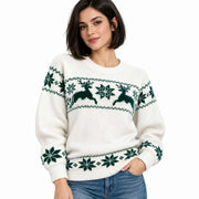 Pull de Noël Tricoté pour Femme - Motifs Rennes et Flocons de Neige, Coupe Décontractée et Finitions Côtelées