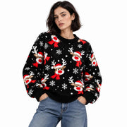 Pull de Noël en Maille pour Femme - Motifs de Rennes, Coupe Décontractée et Manches Longues à Poignets Côtelés