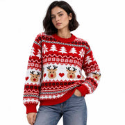 Pull de Noël en Maille pour Femme - Motifs de Rennes, Coupe Décontractée et Manches Longues à Poignets Côtelés