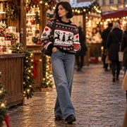 Pull de Noël en Maille pour Femme - Motifs de Rennes, Coupe Décontractée et Manches Longues à Poignets Côtelés