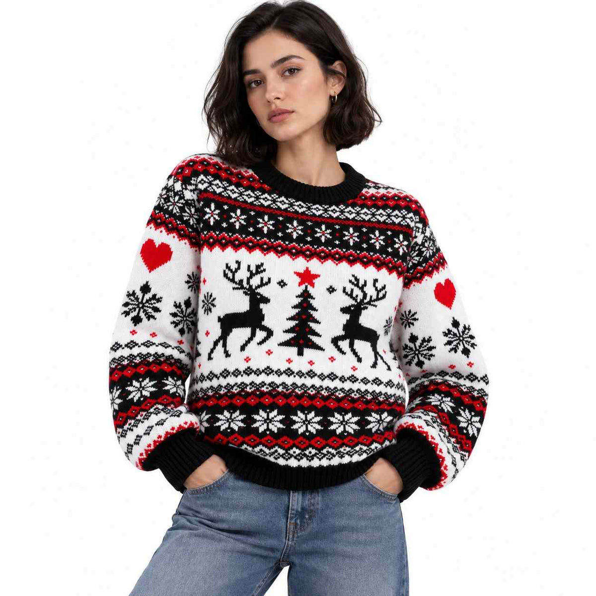 Pull de Noël en Maille pour Femme - Motifs de Rennes, Coupe Décontractée et Manches Longues à Poignets Côtelés