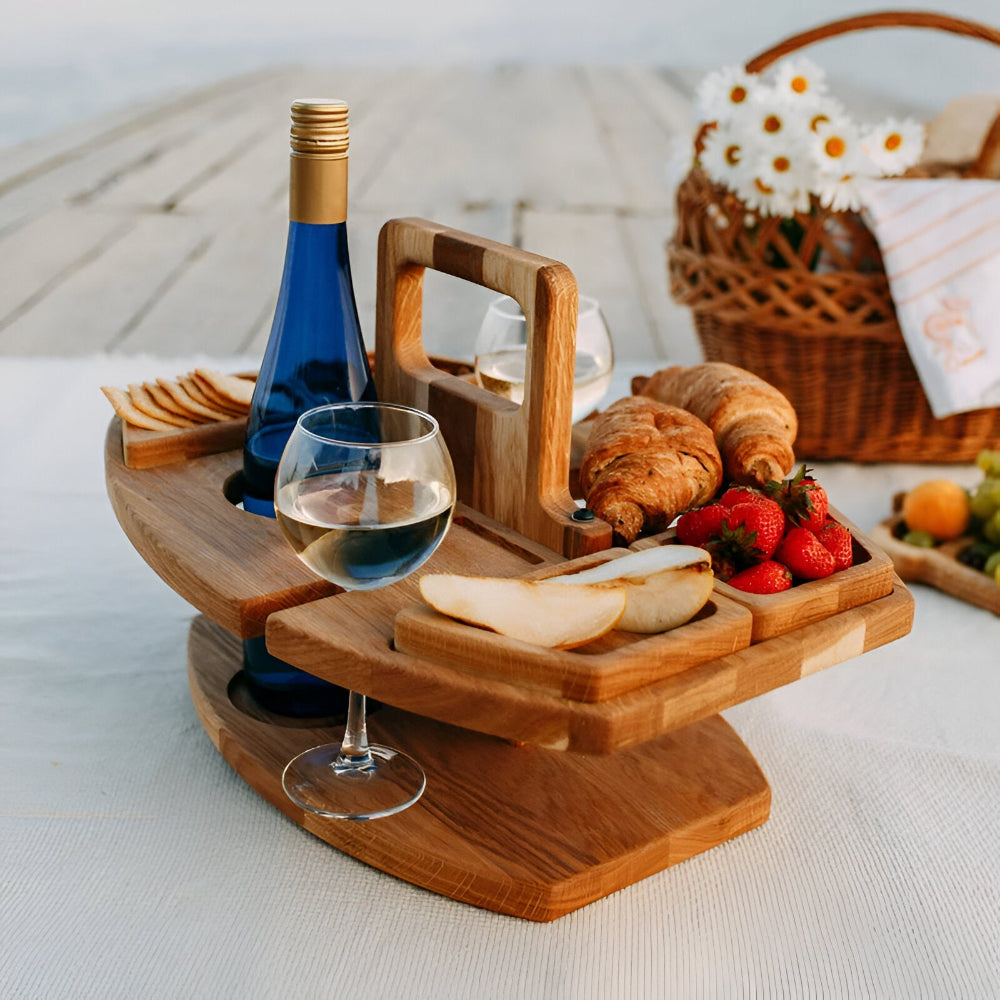 Table de Pique-Nique - Bois Amovible Avec Compartiments Pour Verres et Bouteilles