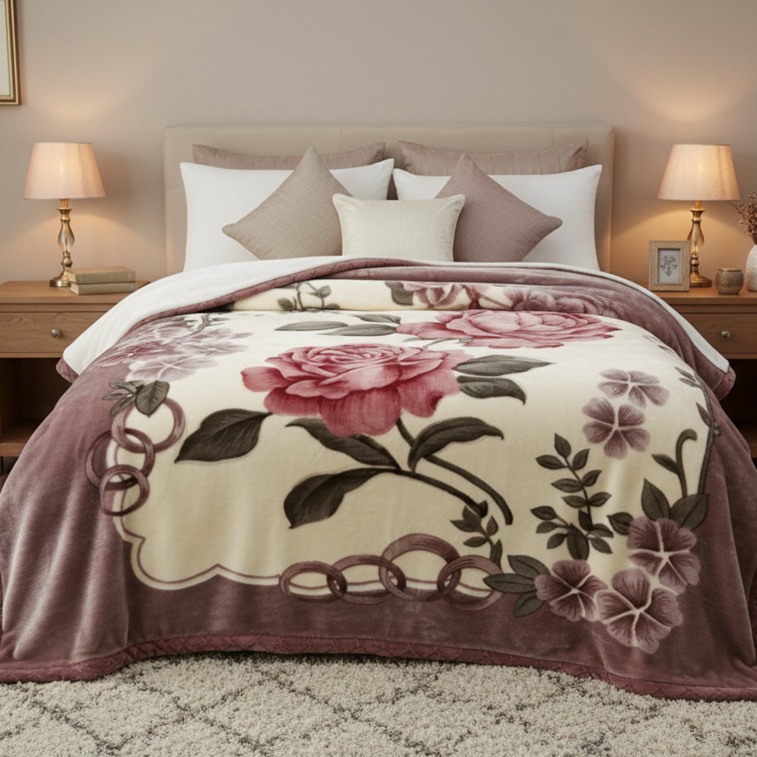 Couverture Polaire Florale - Plaid Doux en Microfibre avec Motif de Fleurs Roses