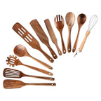 Ensemble d'Ustensiles de Cuisine en Bois - Set de 11 Pièces pour Préparation et Cuisson
