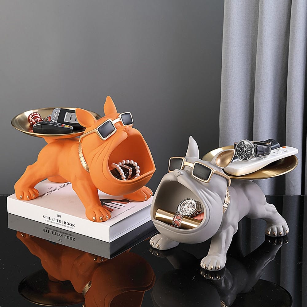 Statue Bouledogue Français Majordome - Figurine Décorative Orange avec Plateau de Rangement