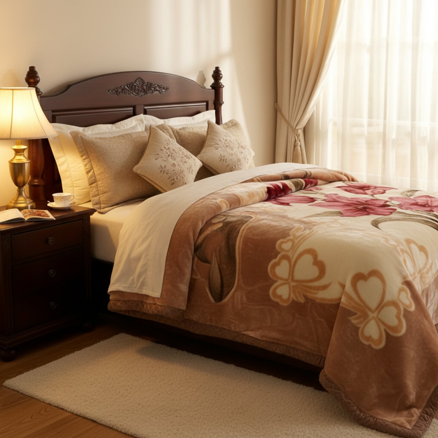 Couverture Polaire Florale - Plaid Doux en Microfibre avec Motif de Fleurs Roses