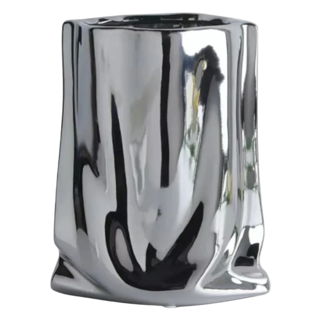 Vase Décoratif en Céramique - Vase Sculptural avec Finition Métallique Argentée ou Dorée