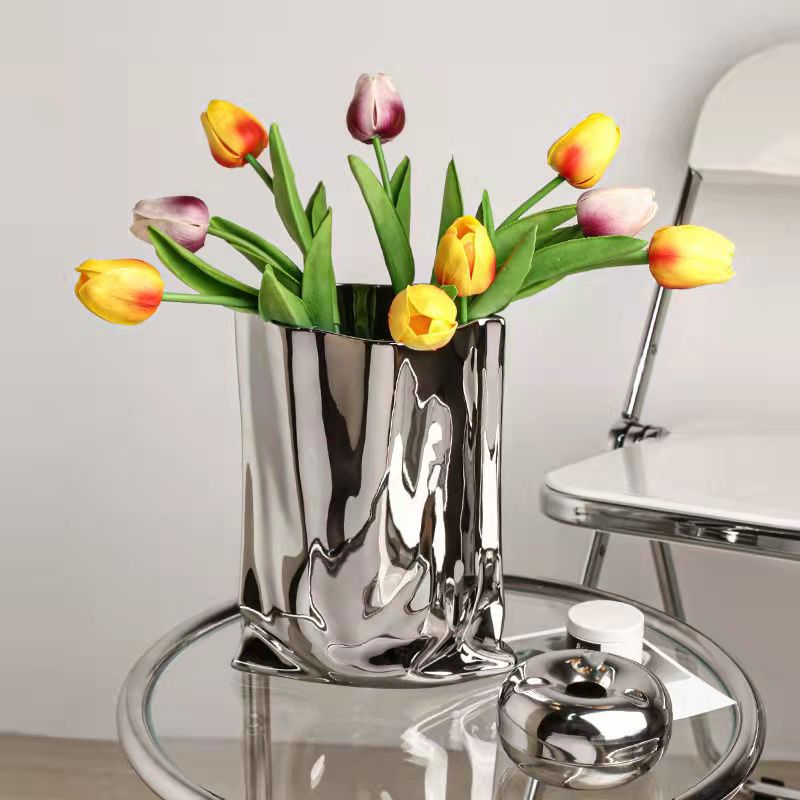 Vase Réfléchissant Argenté - Vase Décoratif en Céramique avec Finition en Électroplaqué