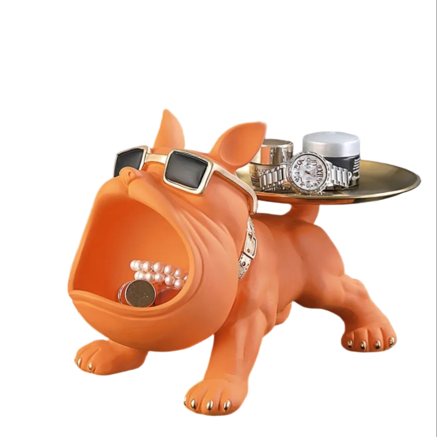 Statue Bouledogue Français Majordome - Figurine Décorative Orange avec Plateau de Rangement