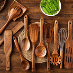 Ensemble d'Ustensiles de Cuisine en Bois - Set de 11 Pièces pour Préparation et Cuisson