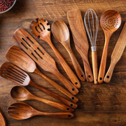 Ensemble d'Ustensiles de Cuisine en Bois - Set de 11 Pièces pour Préparation et Cuisson