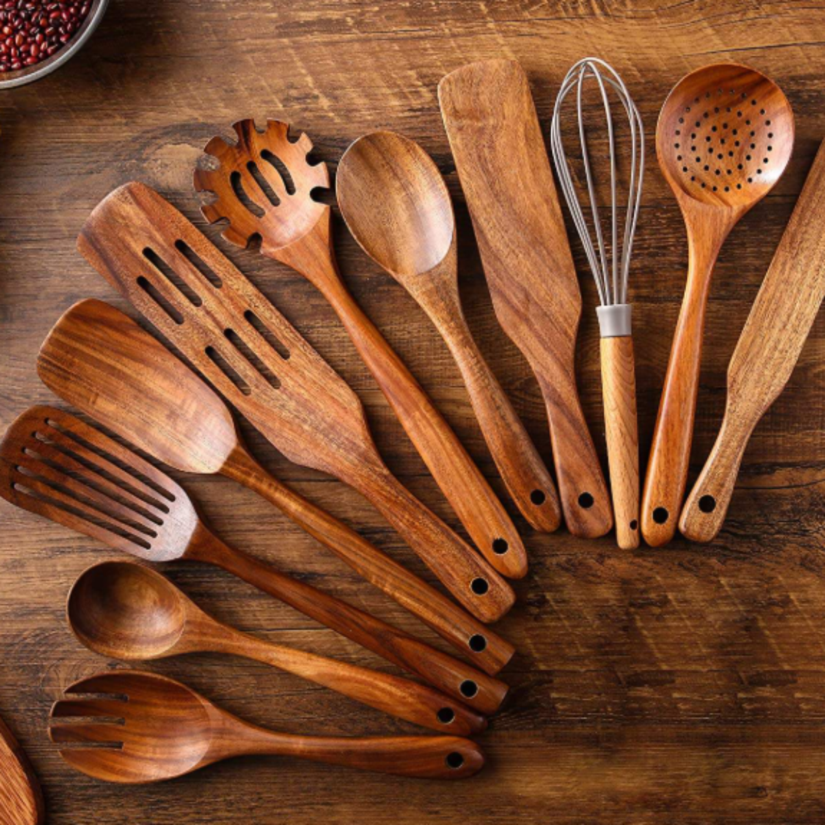 Ensemble d'Ustensiles de Cuisine en Bois - Set de 11 Pièces pour Préparation et Cuisson