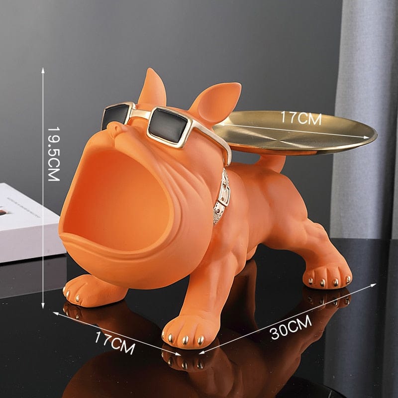 Statue Bouledogue Français Majordome - Figurine Décorative Orange avec Plateau de Rangement