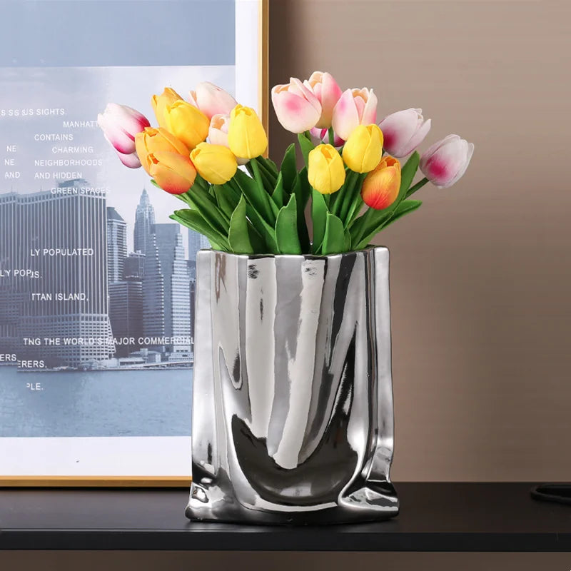 Vase Réfléchissant Argenté - Vase Décoratif en Céramique avec Finition en Électroplaqué