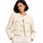 Veste Courte en Tweed pour Femme - Encolure Ronde, Bordures Frangées et Poches pour Tenues Smart-Casual