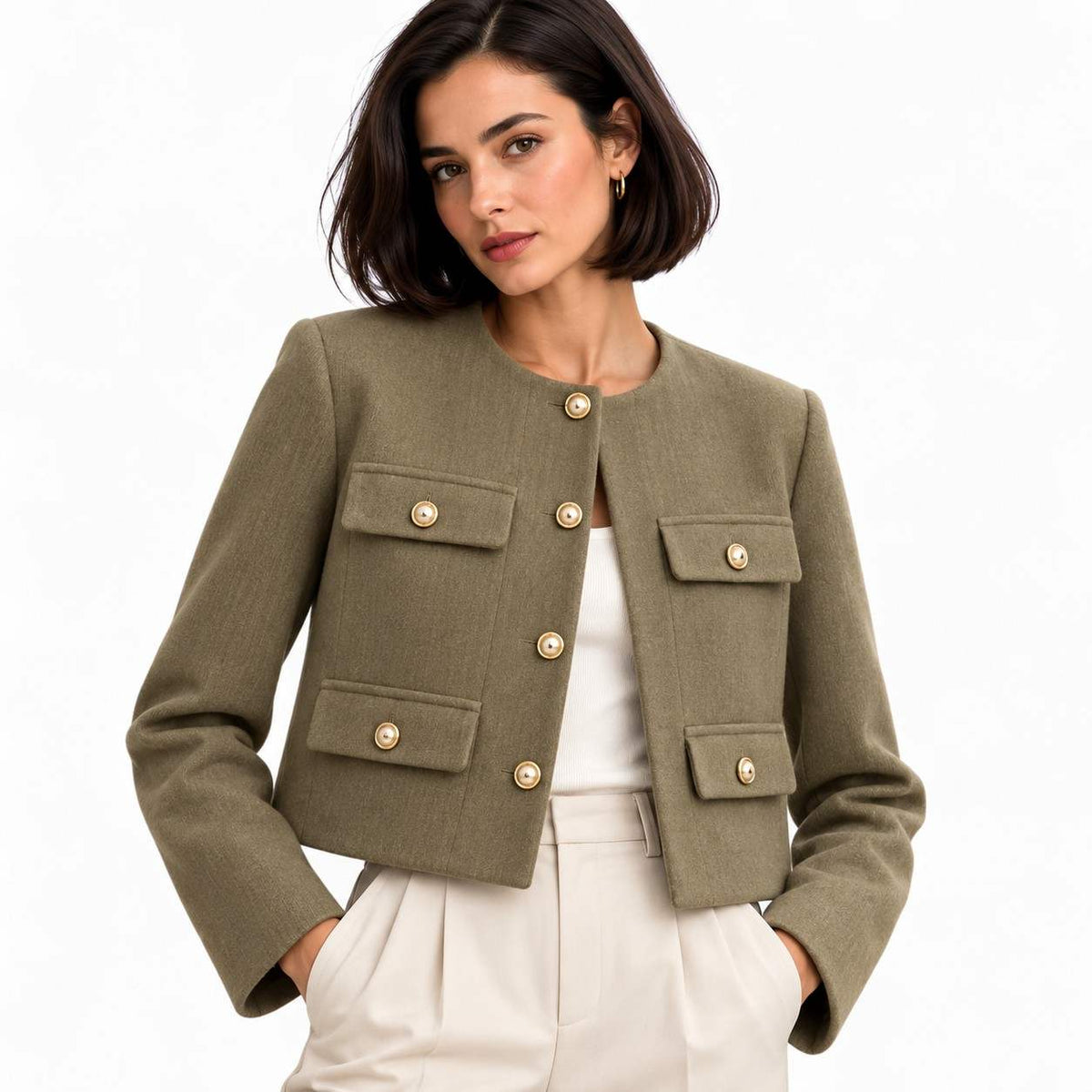 Veste Courte en Tweed pour Femme - Encolure Ronde, Bordures Frangées et Poches pour Tenues Smart-Casual