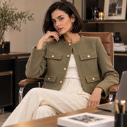 Veste Courte en Tweed pour Femme - Encolure Ronde, Bordures Frangées et Poches pour Tenues Smart-Casual