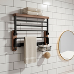 Porte-Serviettes Mural en Bois - Rangement de Salle de Bain en Noyer et Aluminium