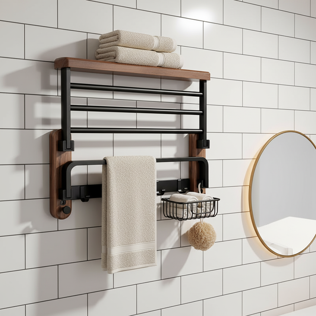 Porte-Serviettes Mural en Bois - Rangement de Salle de Bain en Noyer et Aluminium