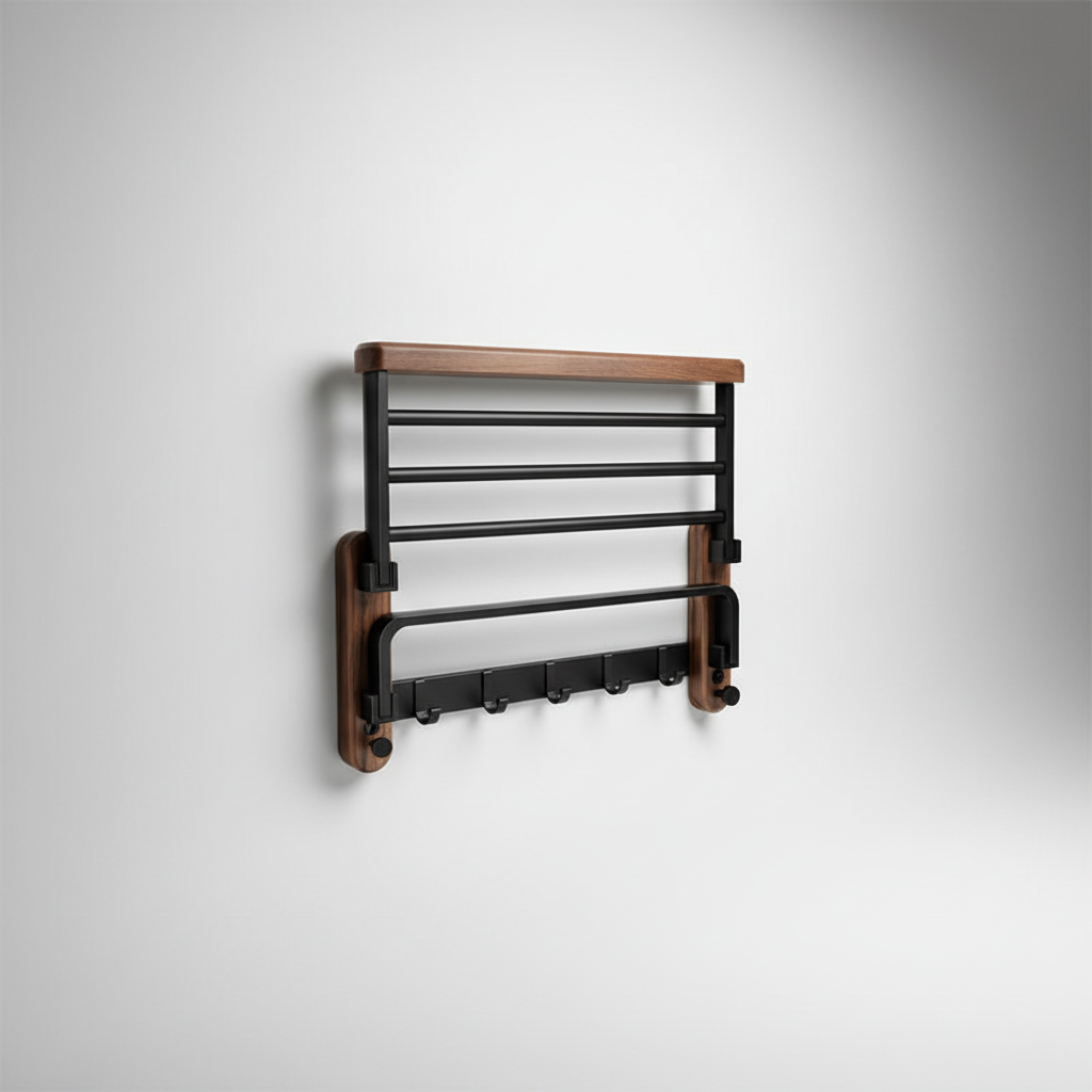 Porte-Serviettes Mural en Bois - Rangement de Salle de Bain en Noyer et Aluminium