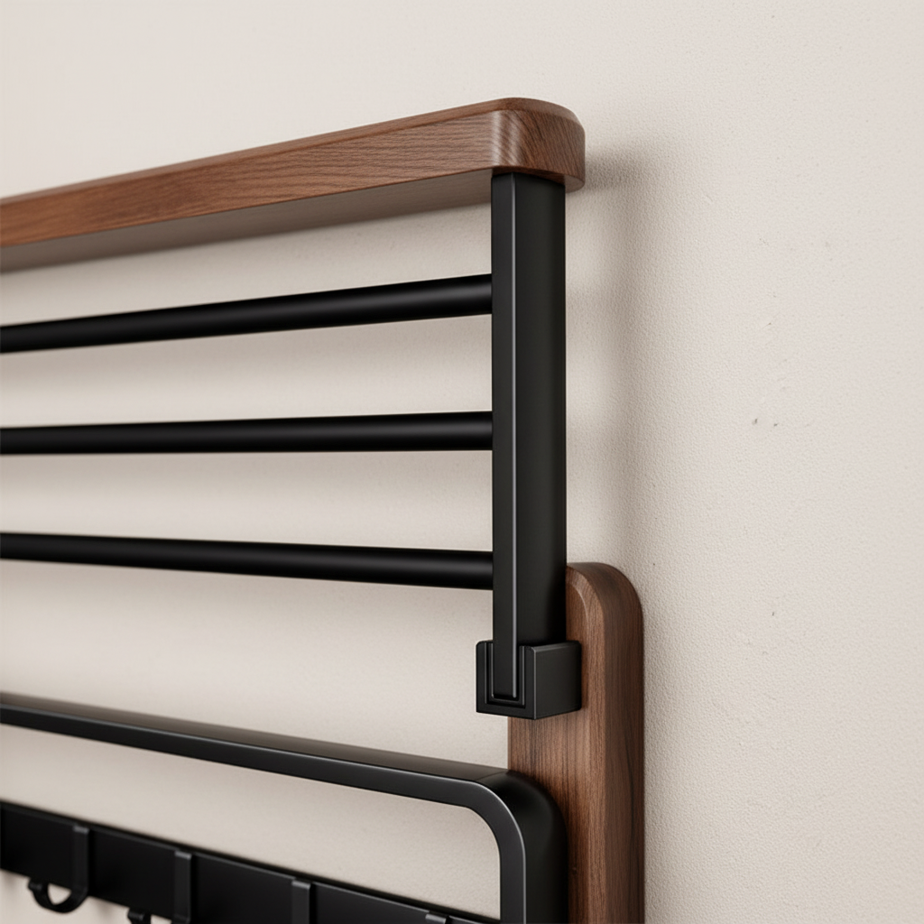 Porte-Serviettes Mural en Bois - Rangement de Salle de Bain en Noyer et Aluminium
