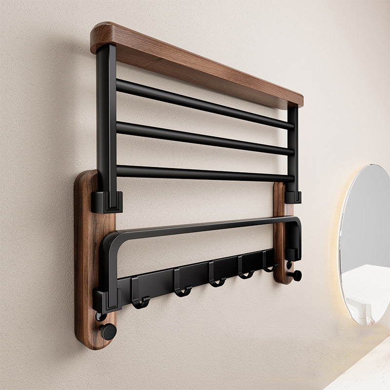 Porte-Serviettes Mural en Bois - Rangement de Salle de Bain en Noyer et Aluminium