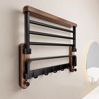 Porte-Serviettes Mural en Bois - Rangement de Salle de Bain en Noyer et Aluminium