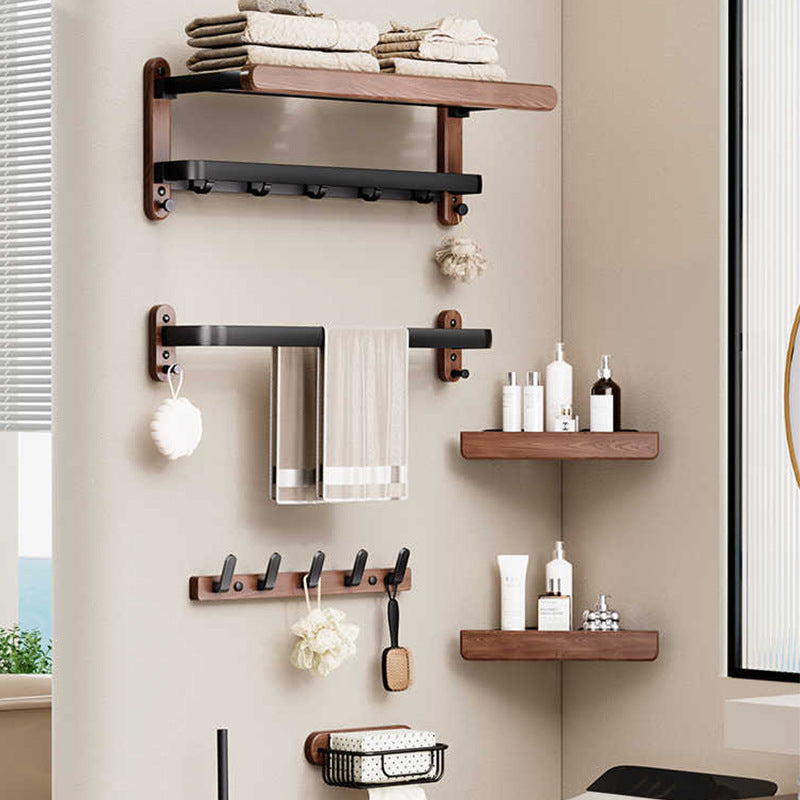 Porte-Serviettes Mural en Bois - Rangement de Salle de Bain en Noyer et Aluminium
