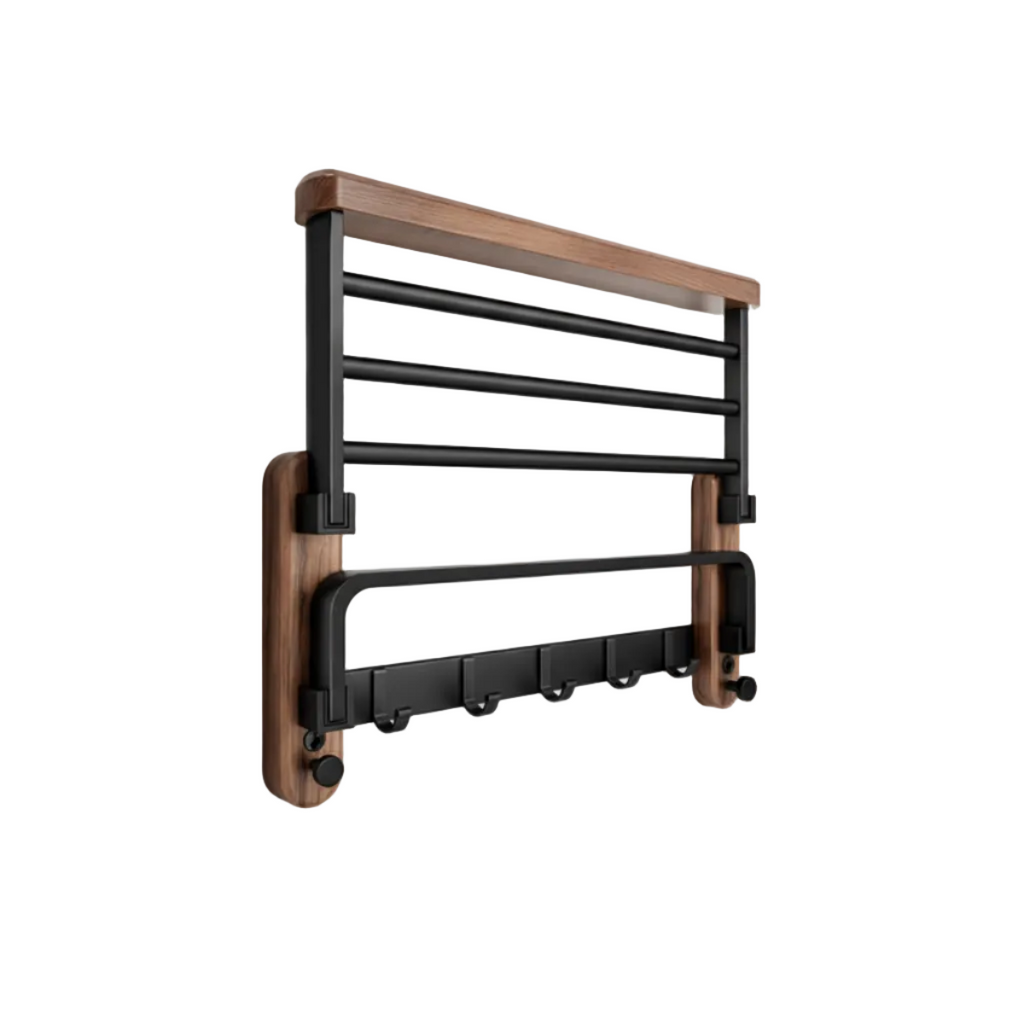 Porte-Serviettes Mural en Bois - Rangement de Salle de Bain en Noyer et Aluminium