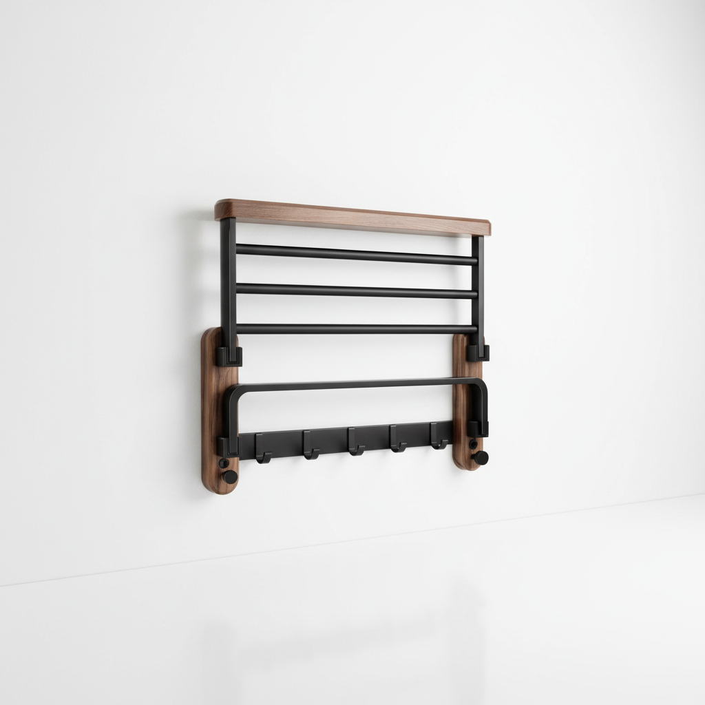 Porte-Serviettes Mural en Bois - Rangement de Salle de Bain en Noyer et Aluminium