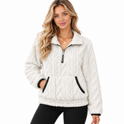 Pull Teddy Femme - Col Montant Demi-Zip avec Poche Kangourou et Manches Longues
