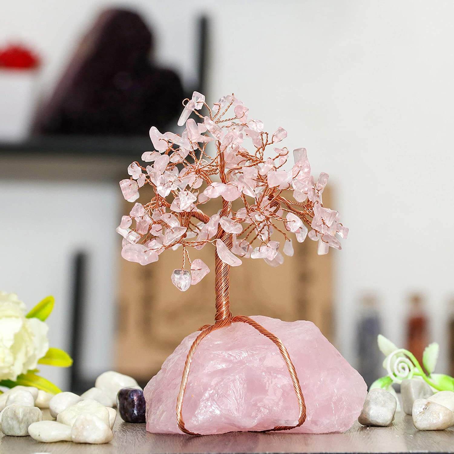 Ornement Bonsaï en Pierres Naturelles - Arbre Décoratif en Améthyste, Quartz Rose ou Citrine