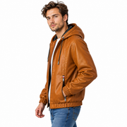 Veste Homme en Similicuir - Capuche à Cordon avec Fermeture Éclair