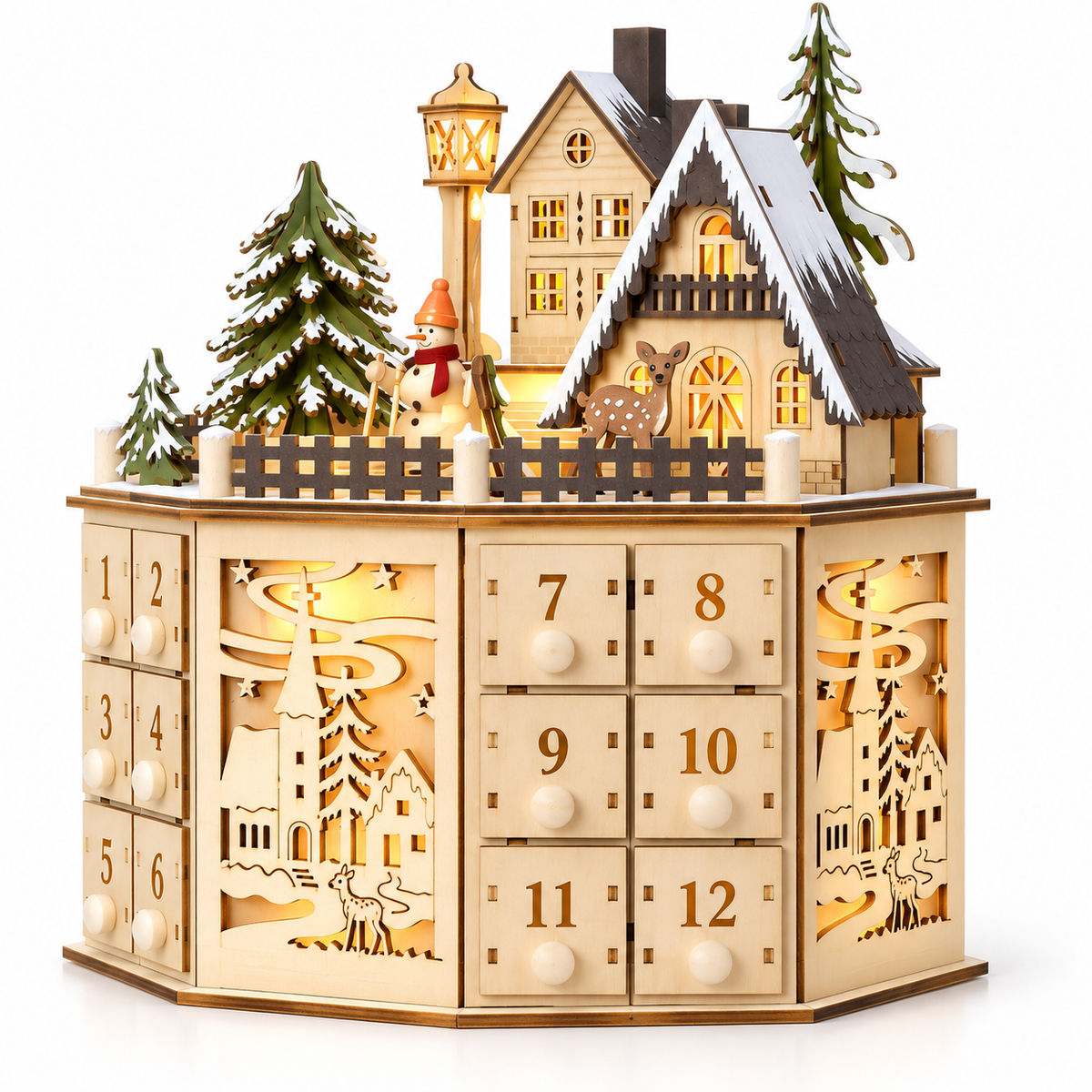 Calendrier de l'Avent en Bois - 24 Tiroirs Numérotés avec Éclairage LED Intégré