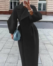 Manteau Maxi d'Hiver pour Femme - Double Boutonnage, Large Col à Revers, Taille Cintrée et Manches Bouffantes