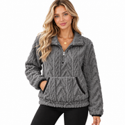 Pull Teddy Femme - Col Montant Demi-Zip avec Poche Kangourou et Manches Longues