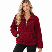 Pull Teddy Femme - Col Montant Demi-Zip avec Poche Kangourou et Manches Longues