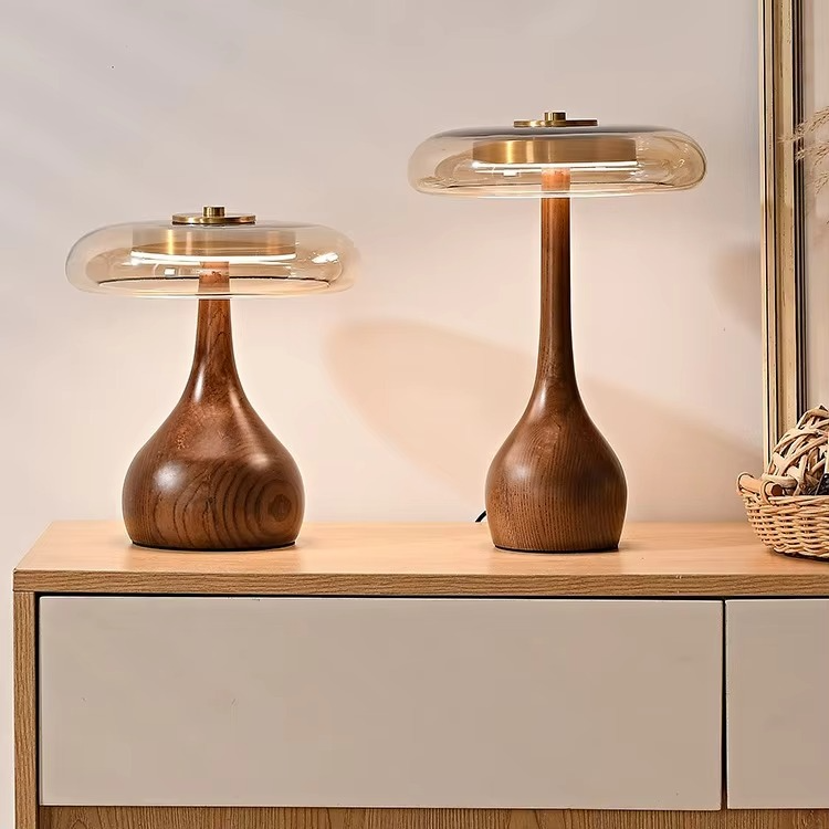 Lampe de Table Style Rétro Champignon – Abat-jour en Verre avec Base en Bois
