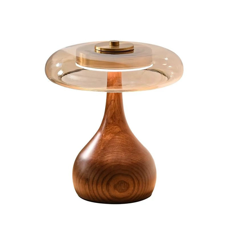 Lampe de Table Style Rétro Champignon – Abat-jour en Verre avec Base en Bois