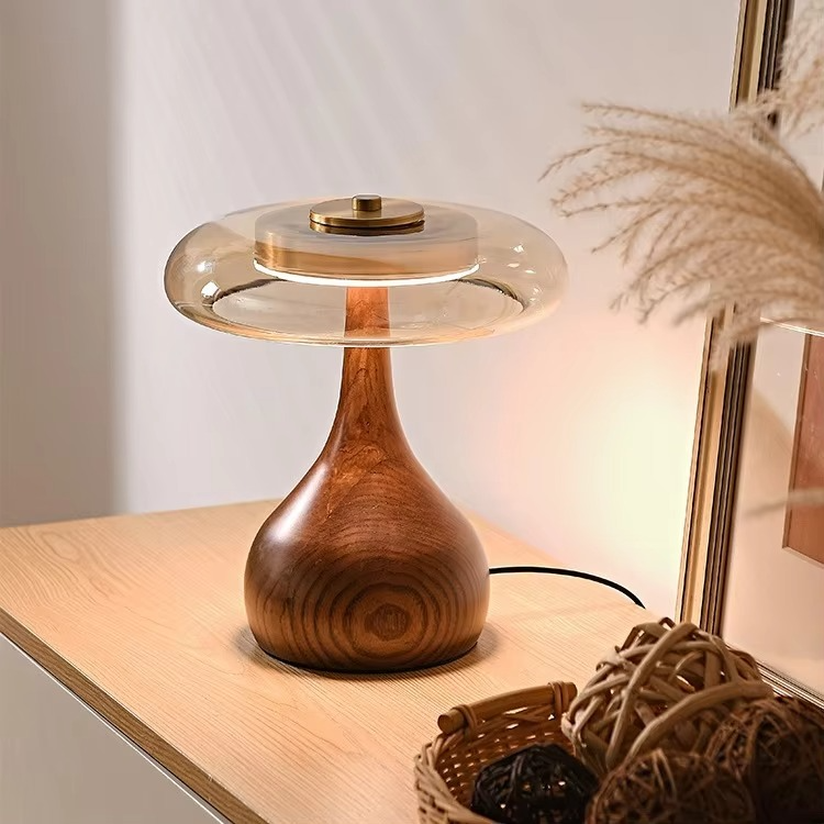 Lampe de Table Style Rétro Champignon – Abat-jour en Verre avec Base en Bois