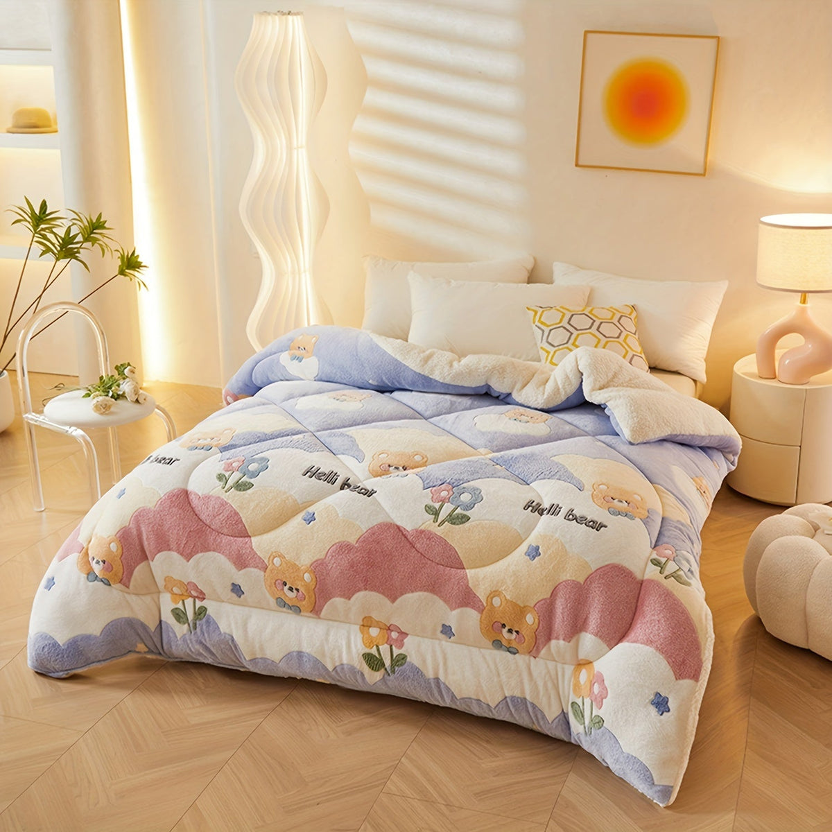 Couette d'Hiver en Fleece à Fleurs - Literie Matelassée en Polyester pour Automne et Hiver