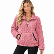 Pull Teddy Femme - Col Montant Demi-Zip avec Poche Kangourou et Manches Longues