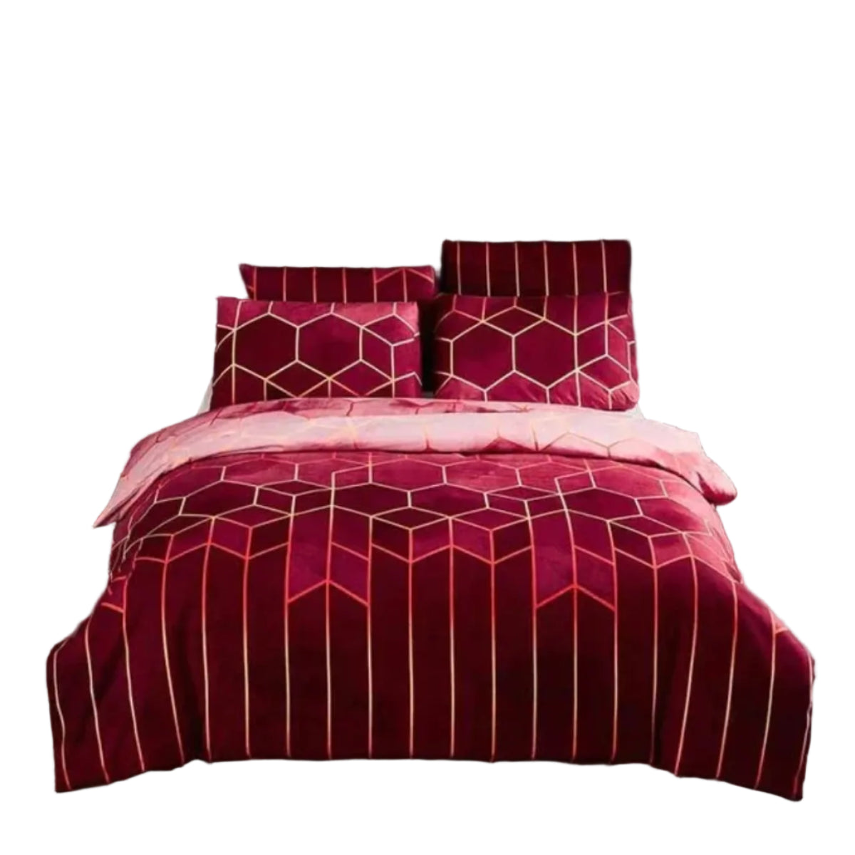 Ensemble Housse de Couette à Motif Géométrique - Rouge avec Deux Taies d'Oreiller