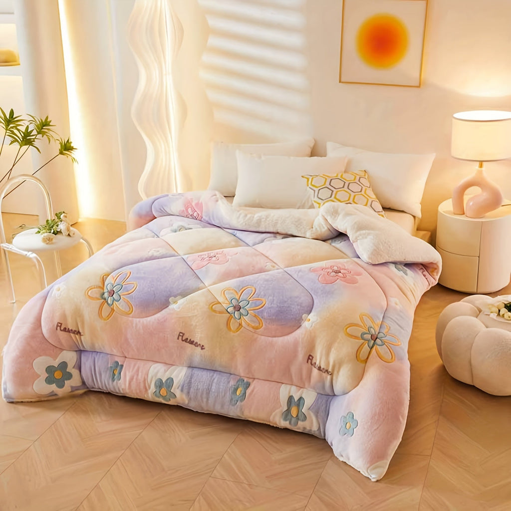 Couette d'Hiver en Fleece à Fleurs - Literie Matelassée en Polyester pour Automne et Hiver