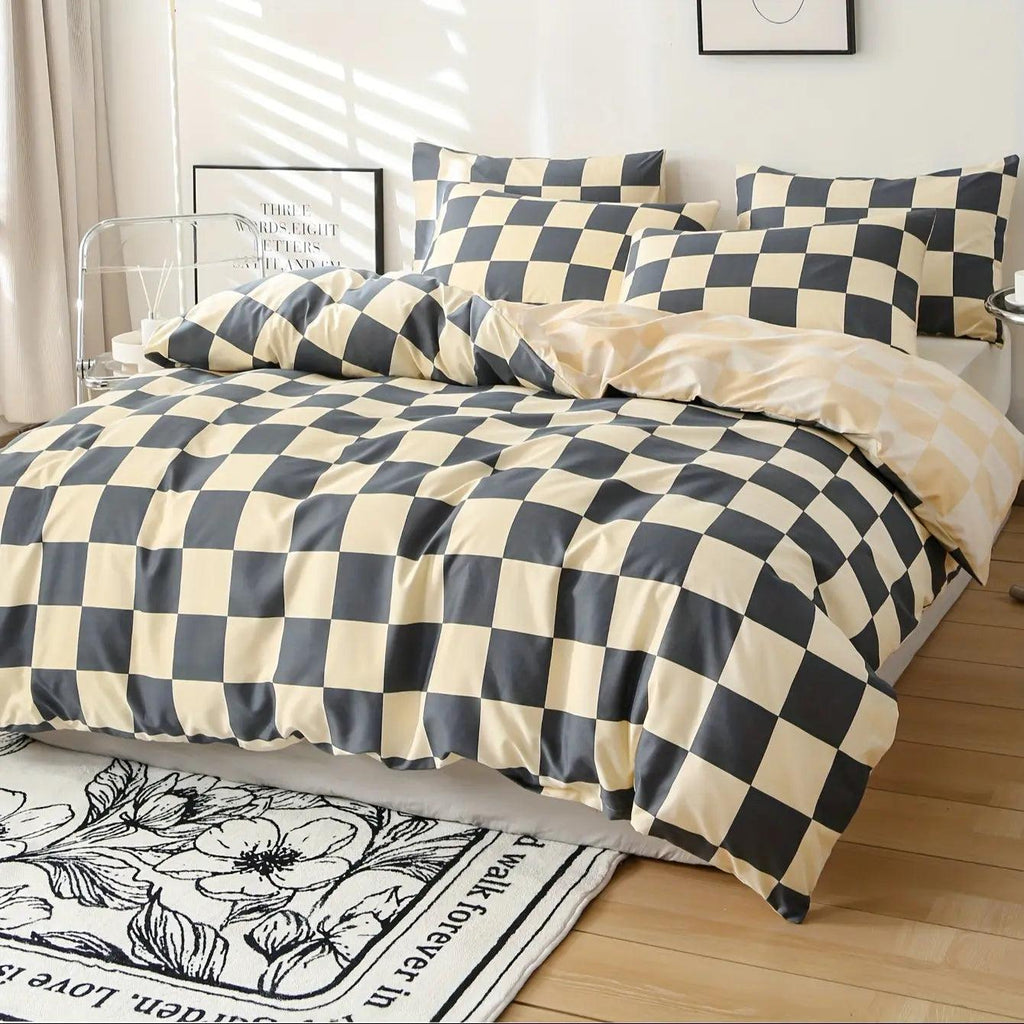 Ensemble de Literie à Motif Carreaux en Mélange de Microfibre - Housse de Couette avec Deux Taies d'Oreiller