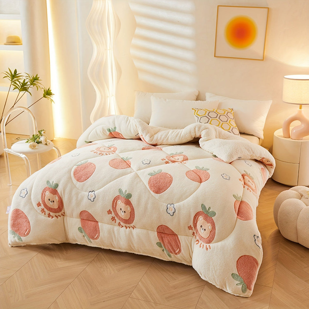 Couette d'Hiver en Fleece à Fleurs - Literie Matelassée en Polyester pour Automne et Hiver