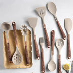Ensemble d'Ustensiles de Cuisine en Silicone - 10 Pièces avec Manches en Bois