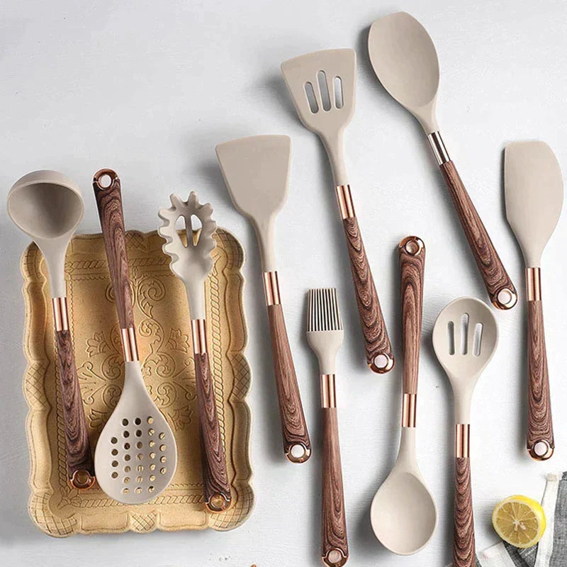 Ensemble d'Ustensiles de Cuisine en Silicone - 10 Pièces avec Manches en Bois